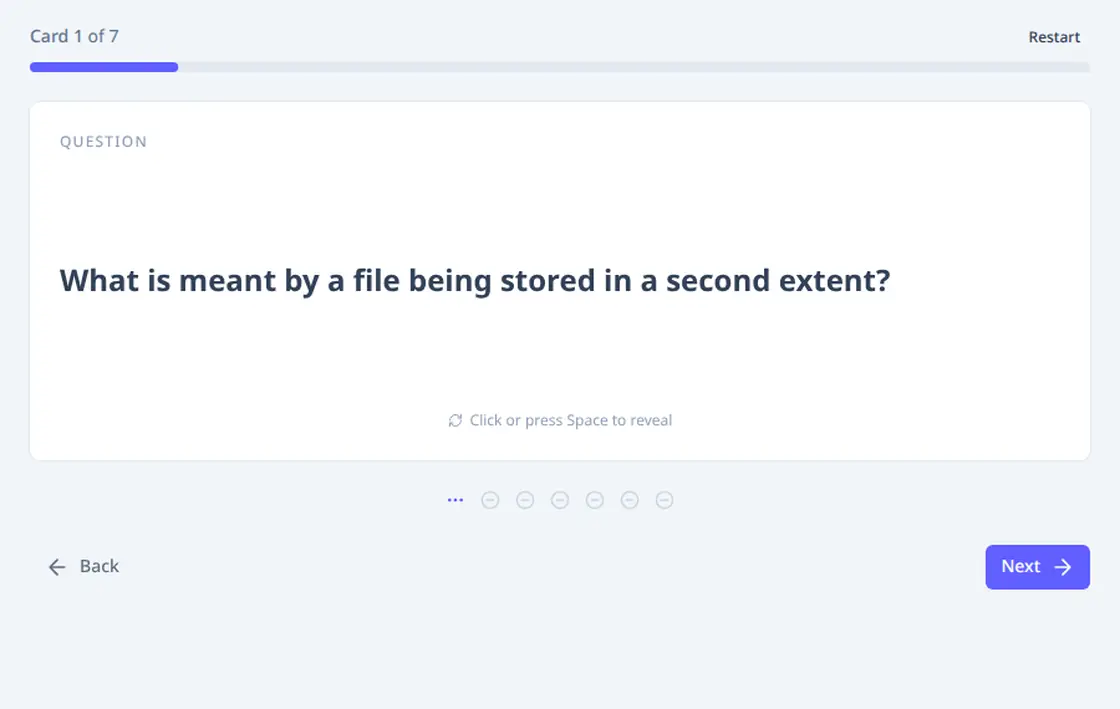 Review mode: a flashcard flips to show the answer and explanation, then slides to the next card