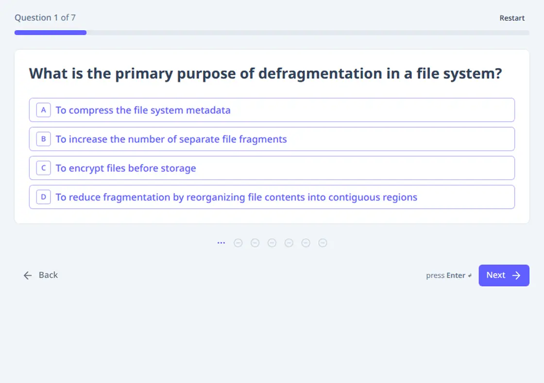 A quiz being answered with the keyboard: pressing a letter selects that answer and the next question slides in